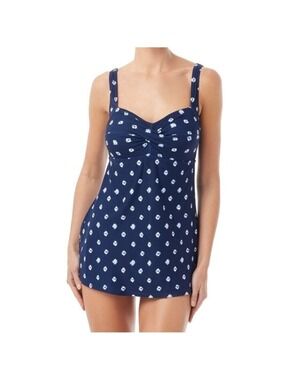 GABAR Twist Bra One Piece Swimdress Blue White Polkadot Chlorine Resistant Sz 8